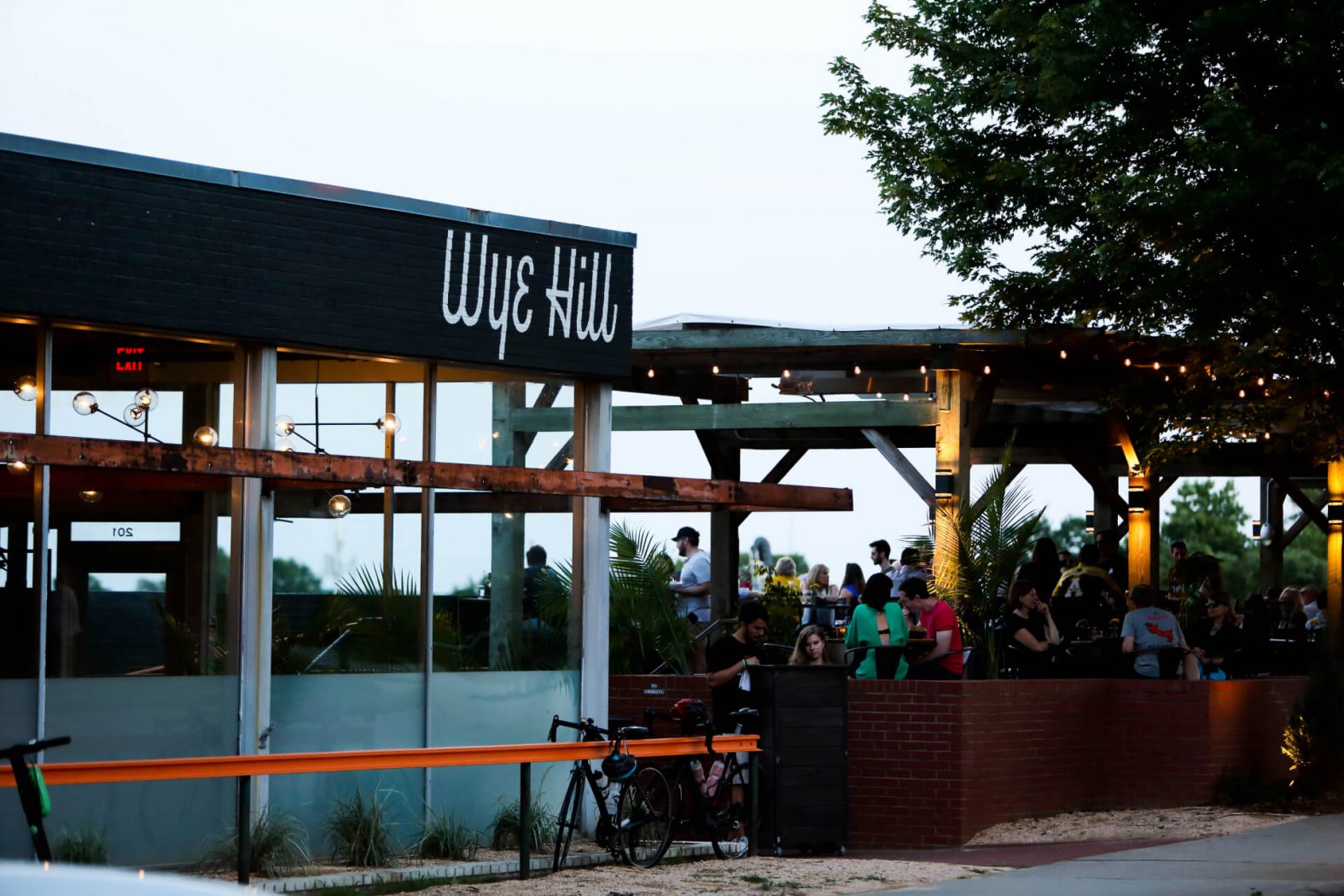 The exterior of the restaurant and patio at Wye Hill Brewing in Downtown Raleigh