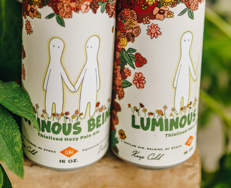 Cans of Luminous Beings by Wye Hill brewing sitting amongst foliage